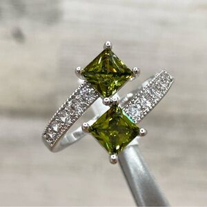 Exquisite Duel Princess Cut Olive Green White Diamond CZ Silver Plated Ring